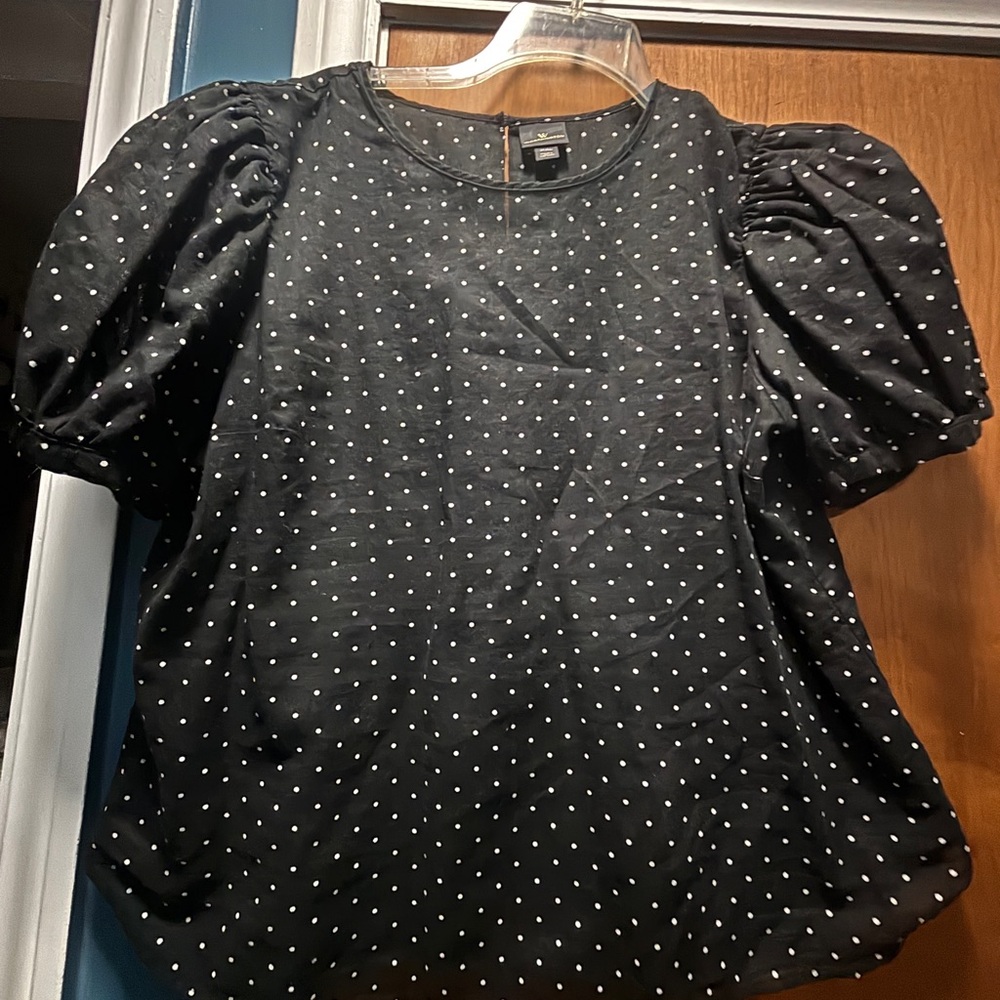 Elegant Black Puff Sleeve Blouse with White Dots
